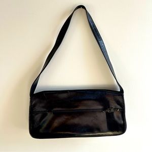 Vintage BCBG Paris Black Leather Shoulder Bag with gold interior